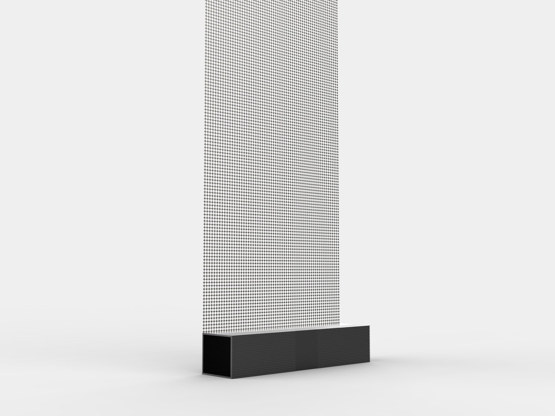 Exhibition booth wrapped in flexible LED film curving around columns and displays