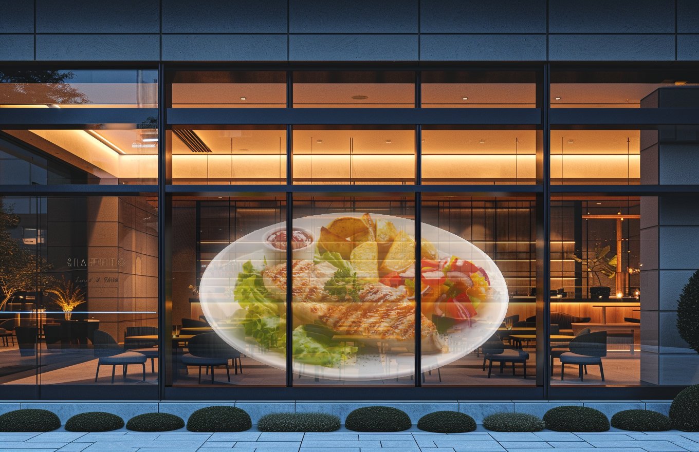Transparent LED signage panel showing real-time messaging with the space behind still visible