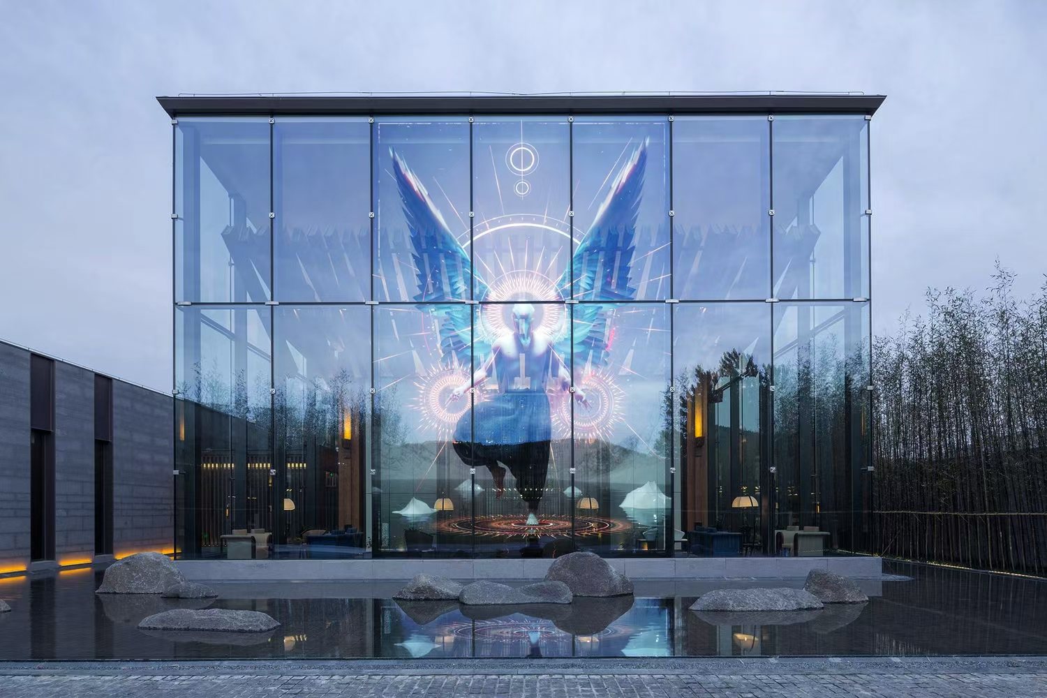 Crystal Film on a glass pavilion in daylight — fully transparent