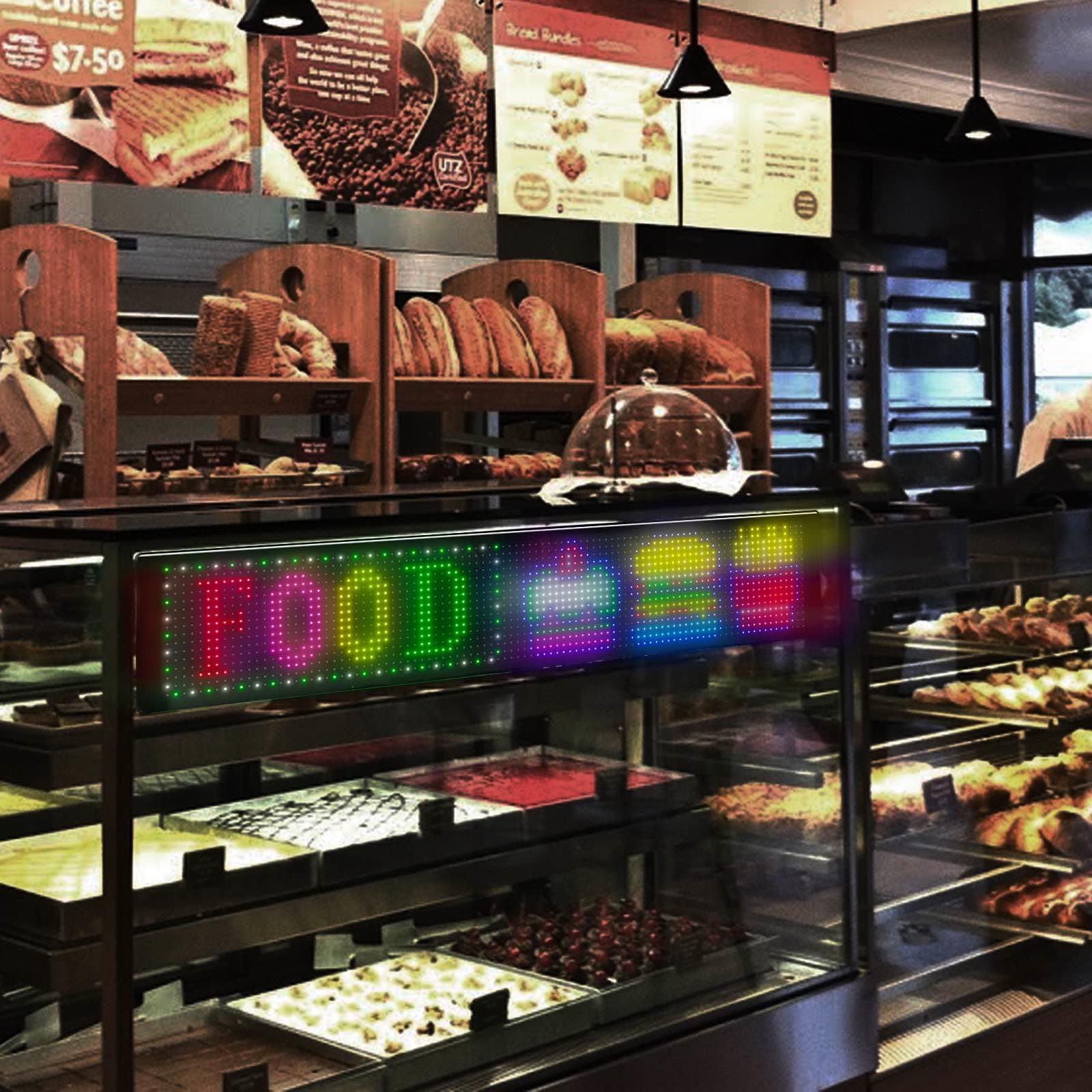 Bakery storefront with a scrolling LED matrix sign