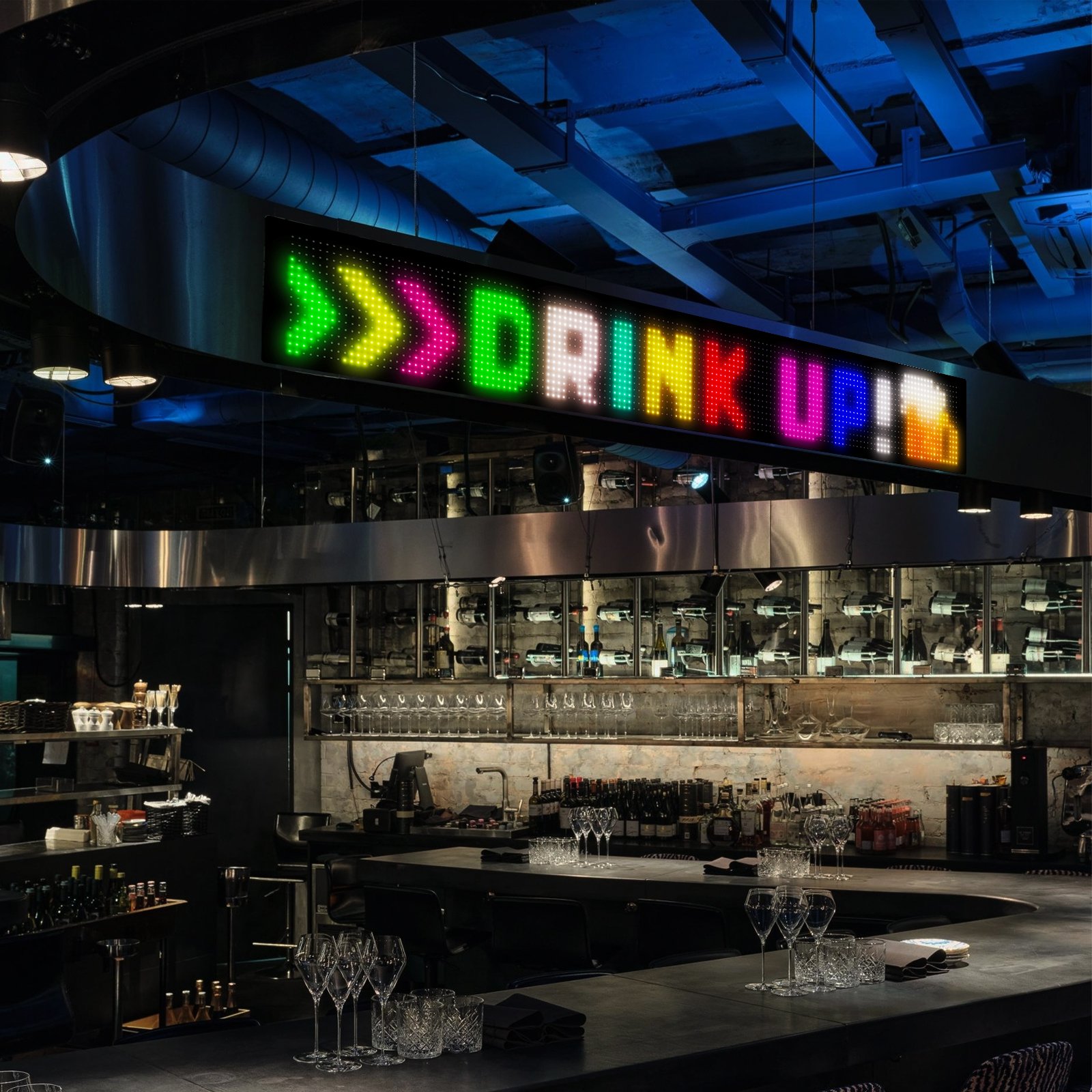 Bar lounge with an animated LED matrix sign