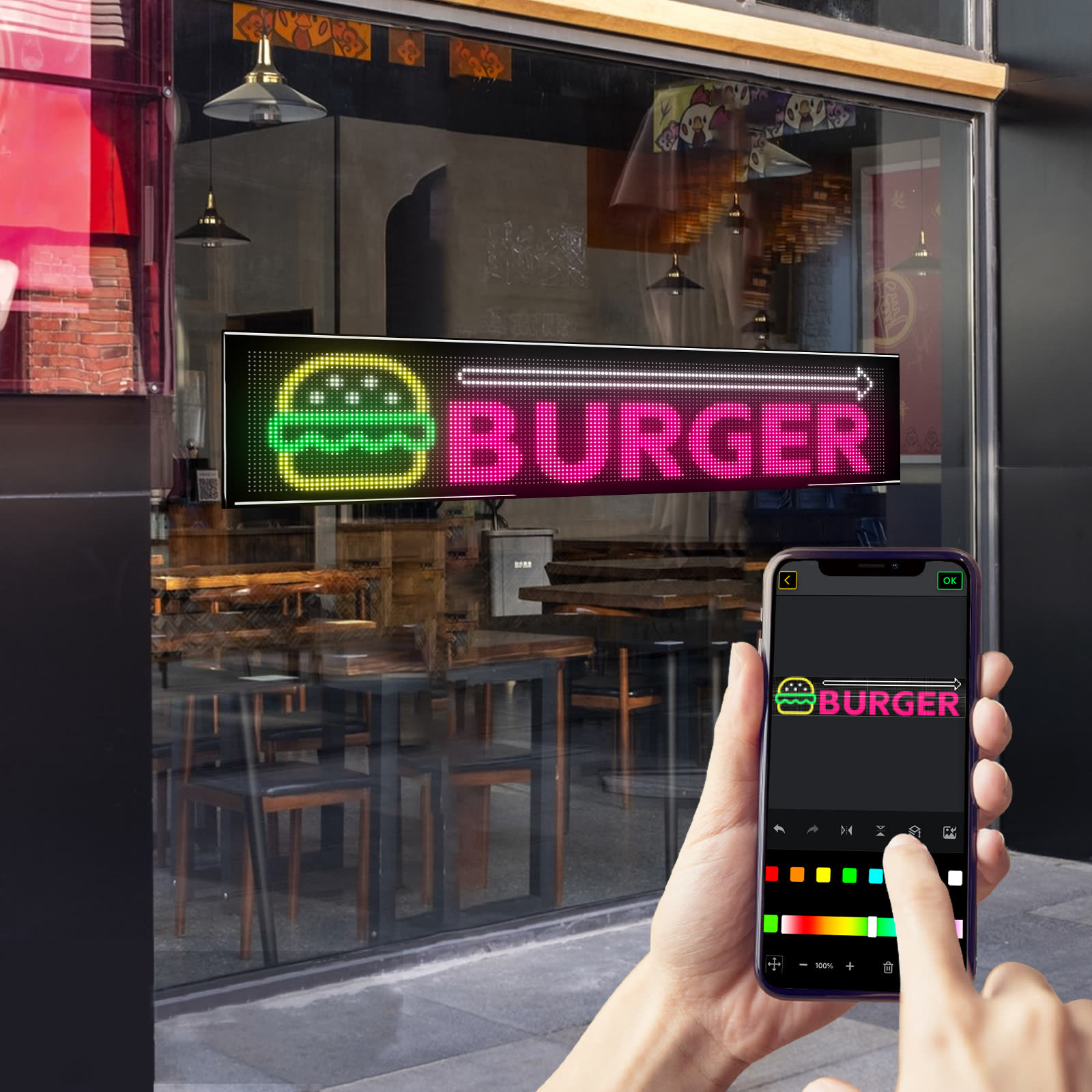 Burger shop window with a bright LED message sign