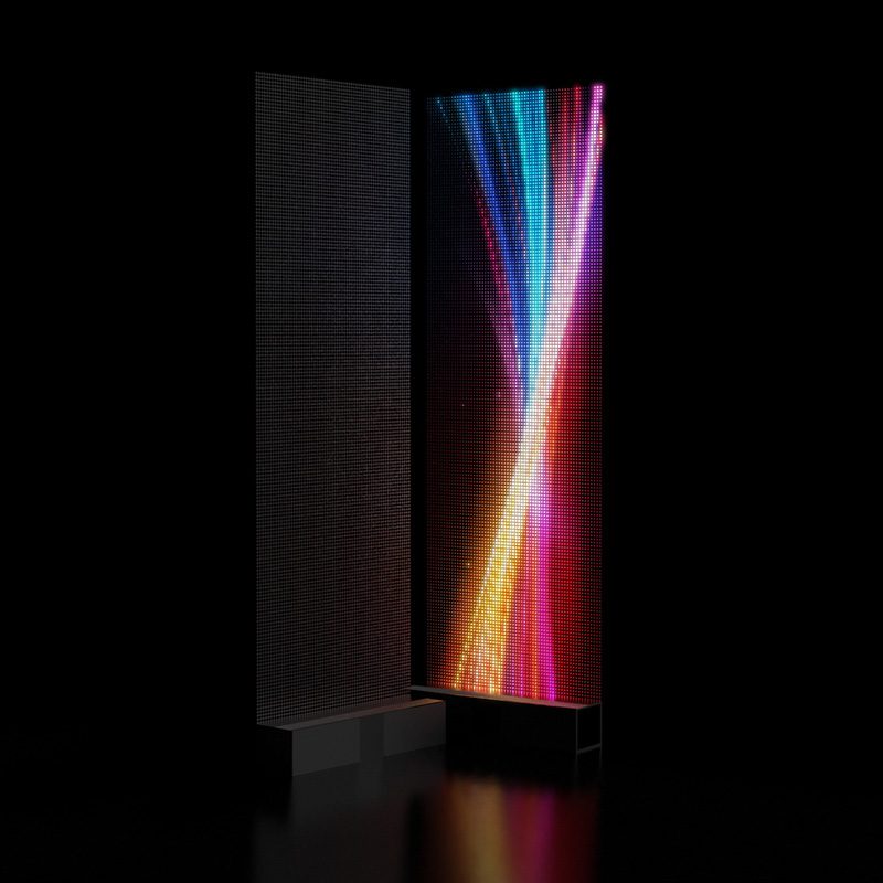 Two transparent LED poster screens side by side, one illuminated with colorful streaks