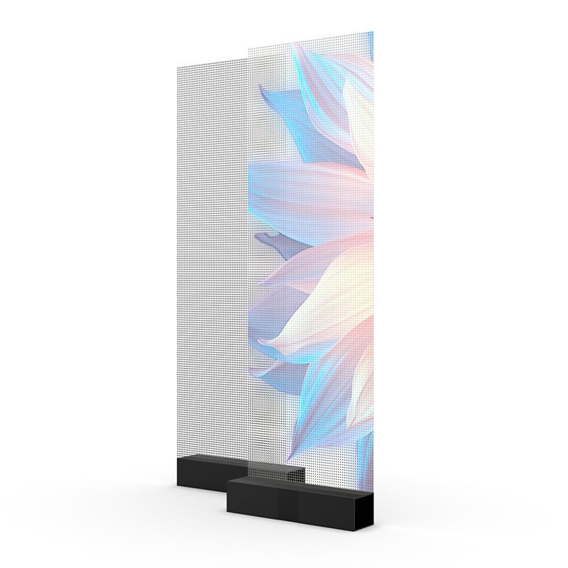 Transparent LED poster screen with freestanding base displaying floral design