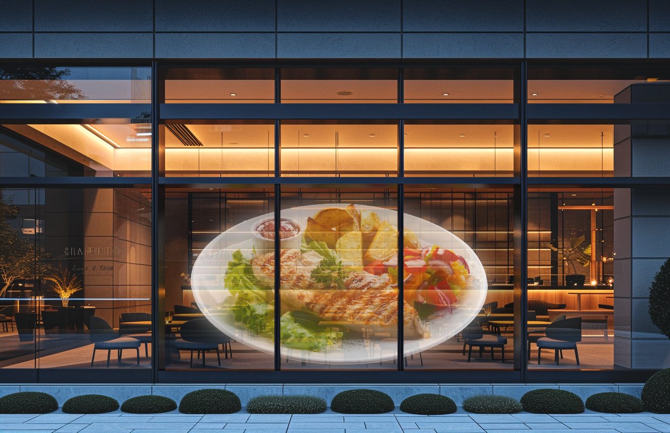 Transparent LED display in a restaurant window, warm lit interior visible behind